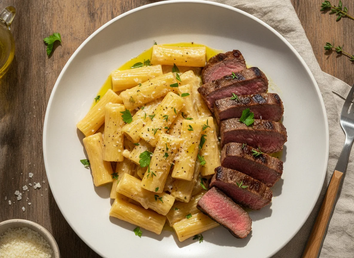 Pasta rigatoni con solomillo de ternera y salsa de queso photo