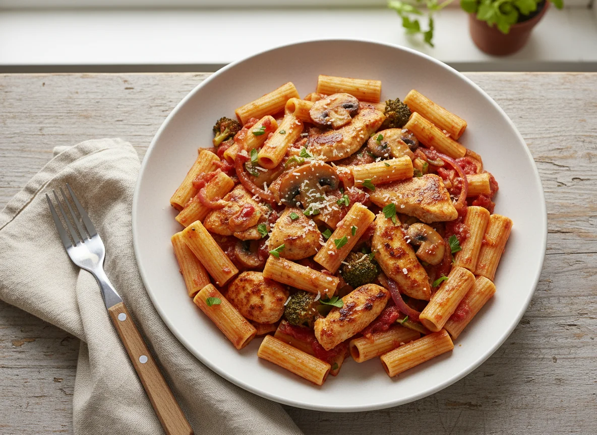 Pasta Rigatoni con Verduras y Pollo photo