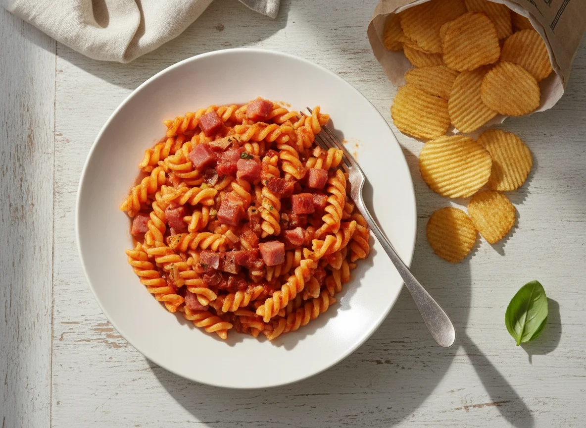 Pasta rotini con salsa de tomate, jamón y bacon photo