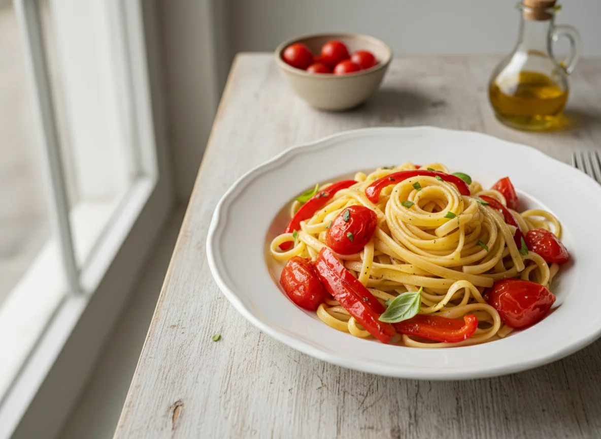 Pasta tagliatelle con tomate y pimientos photo