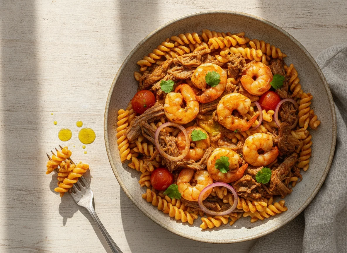 Pasta tornillos con camarones y carne mechada photo