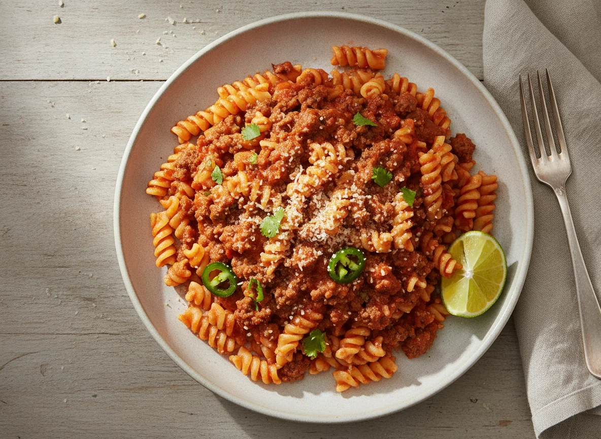 Pasta tornillos con carne molida photo
