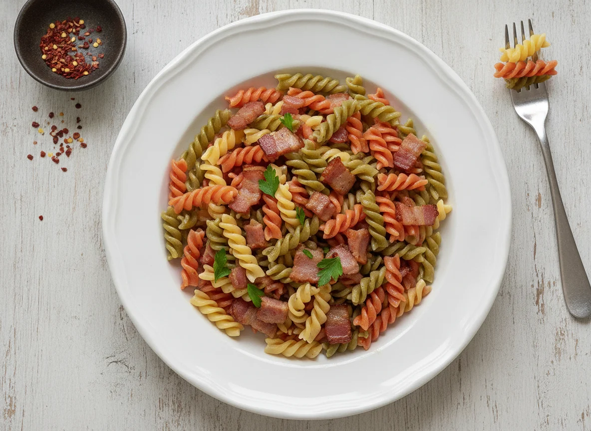 Pasta tricolor con bacon photo