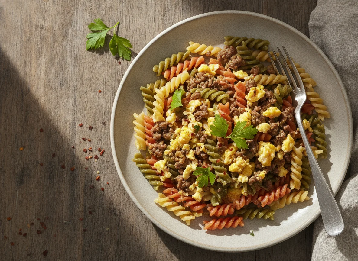 Pasta tricolor con carne picada y huevo photo