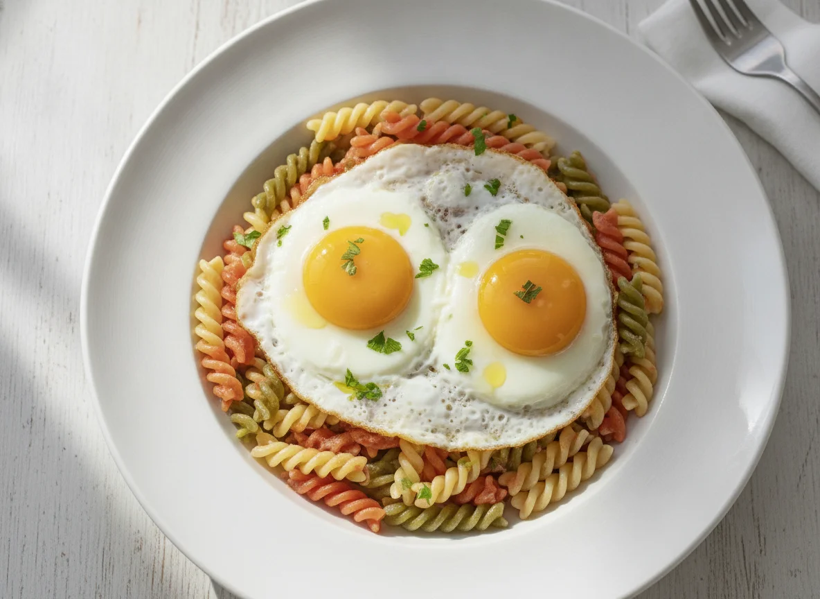 Pasta tricolor con huevos fritos photo