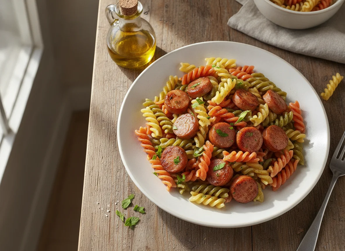 Pasta tricolor con salchichas photo