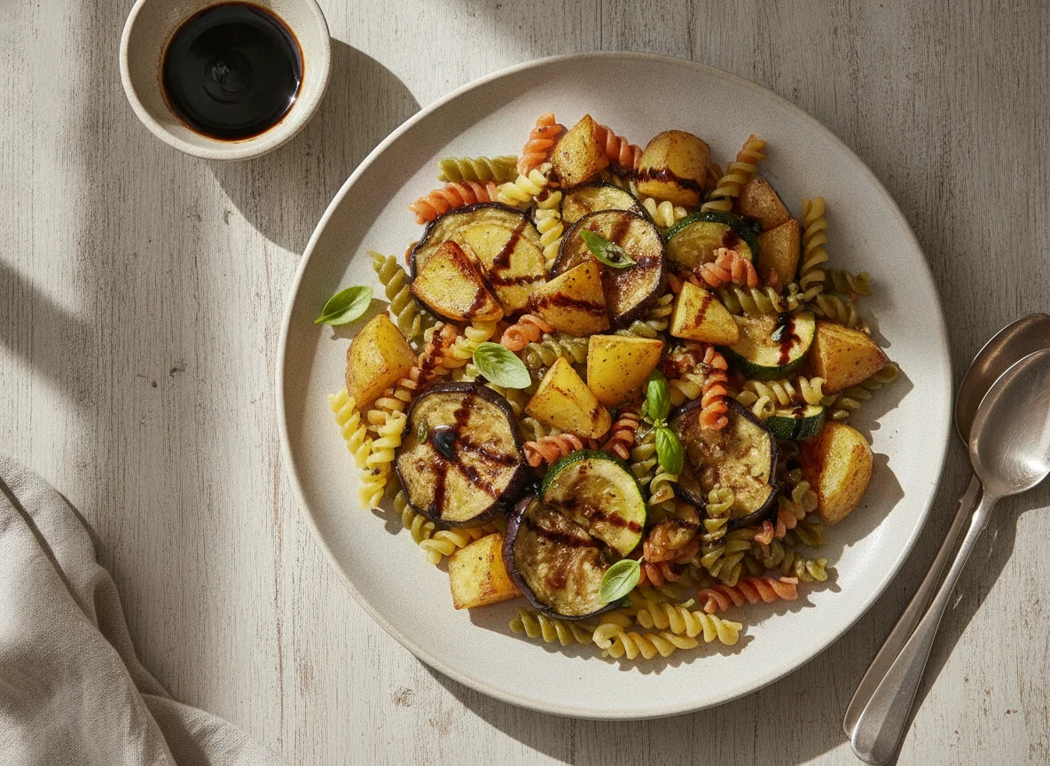 Pasta tricolor con verduras asadas y patatas photo