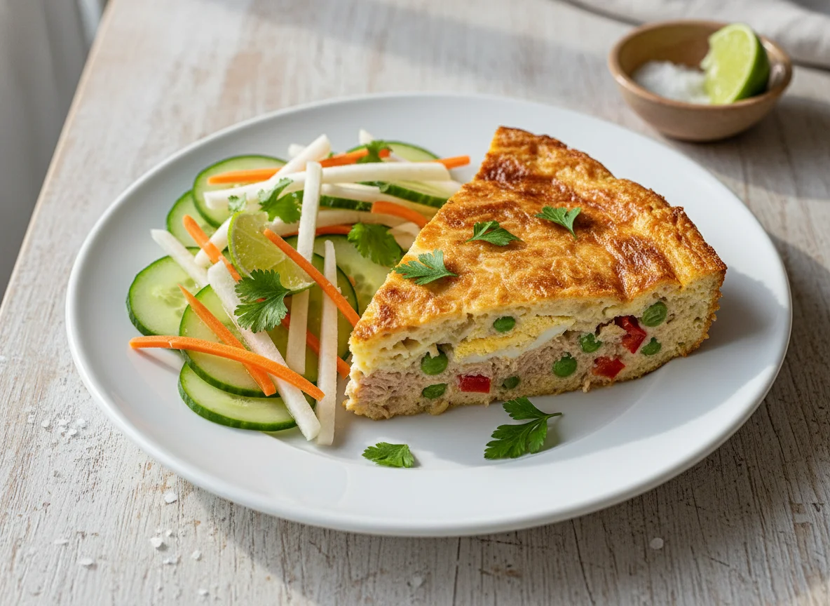 Pastel de atún con ensalada de pepino, jícama y zanahoria photo