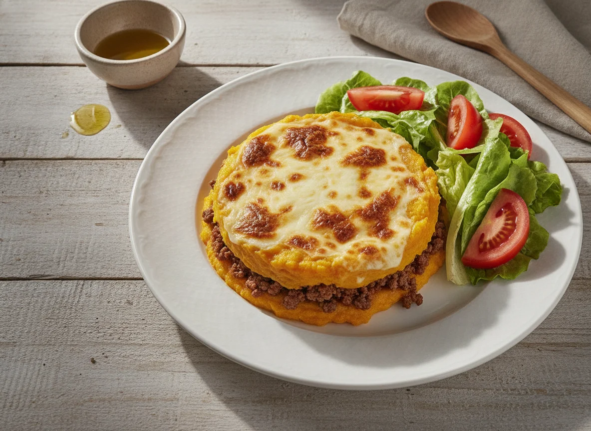 Pastel de calabaza con carne y ensalada photo