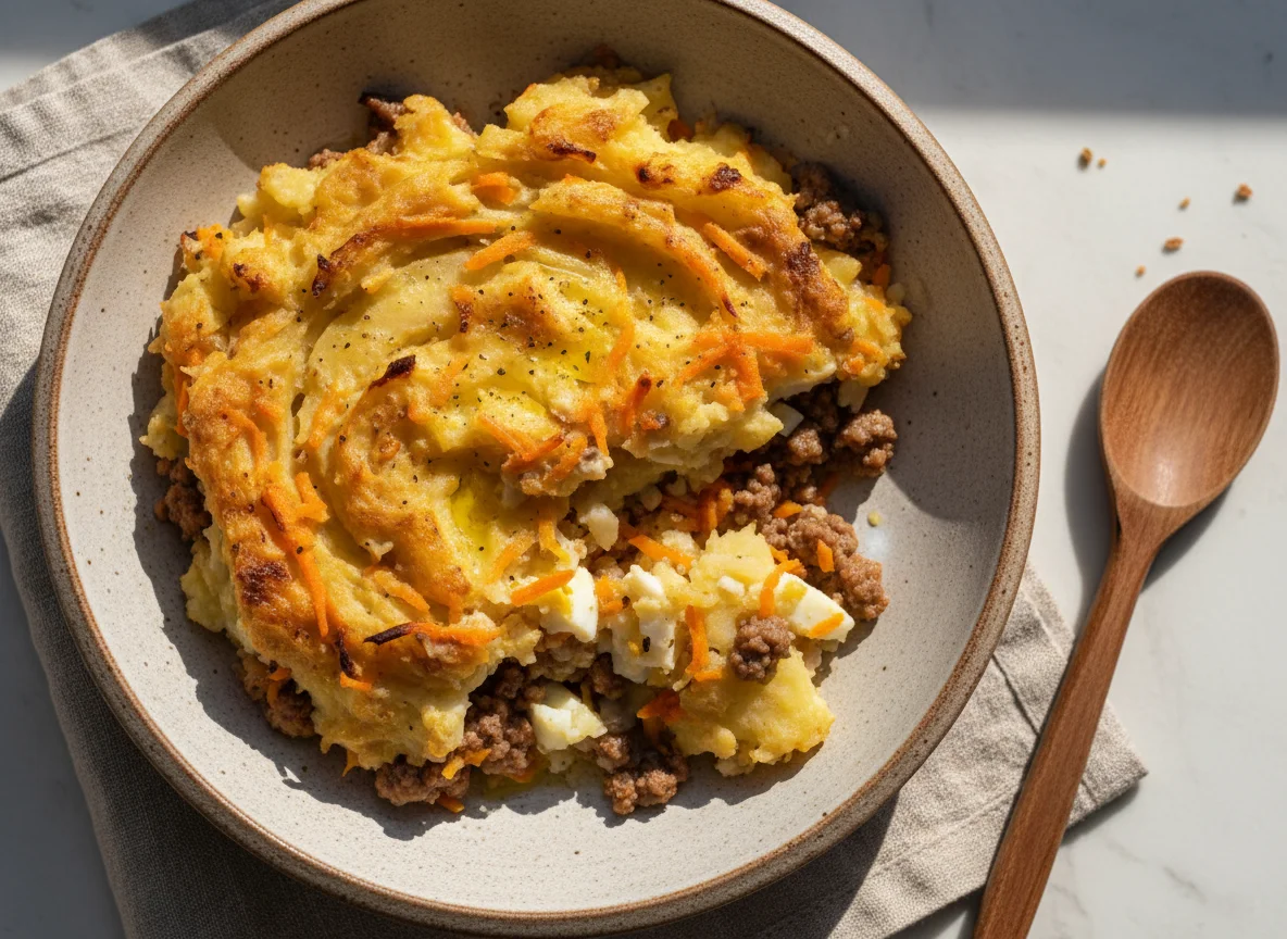 Pastel de carne con papas y zanahorias photo