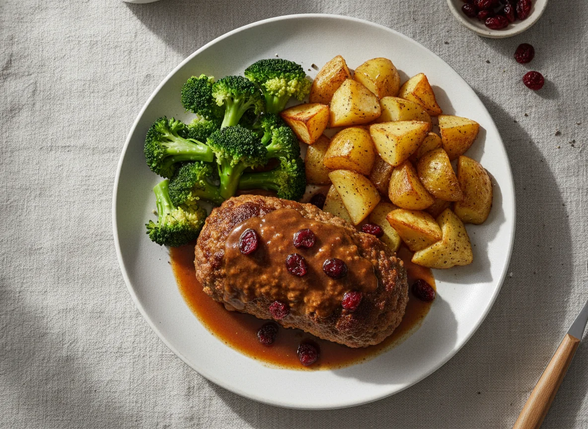 Pastel de carne con patatas asadas y brócoli photo