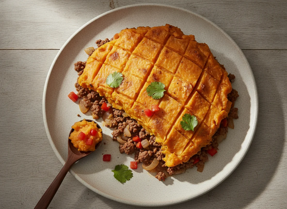 Pastel de carne con puré de camote photo