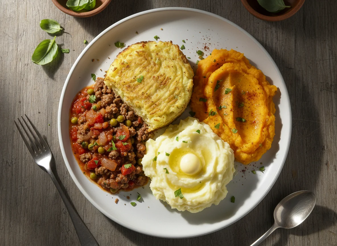 Pastel de carne con puré de papas y calabaza photo