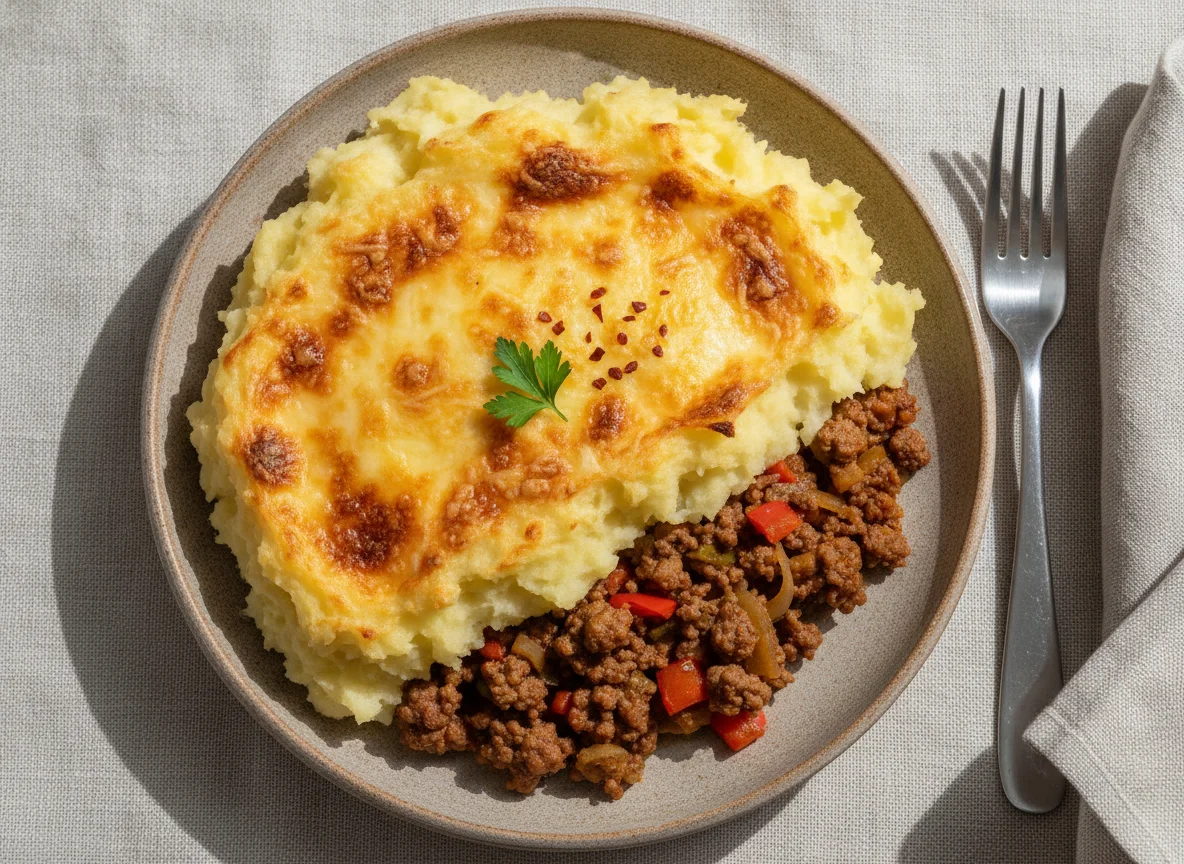 Pastel de carne con puré de papas y queso photo