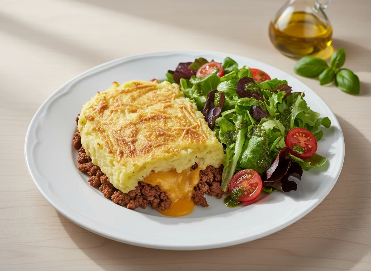 Pastel de carne con puré de patatas y ensalada photo