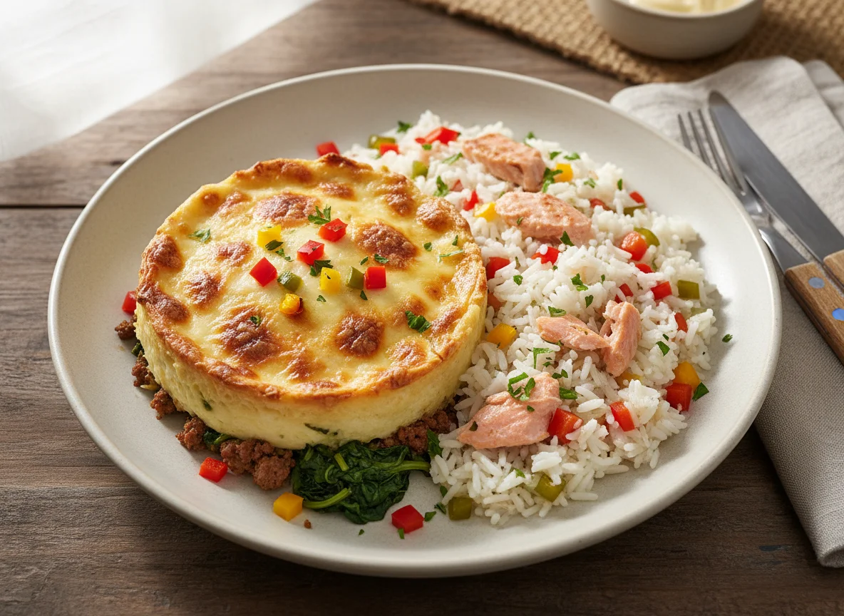 Pastel de carne y espinaca con arroz de salmón photo