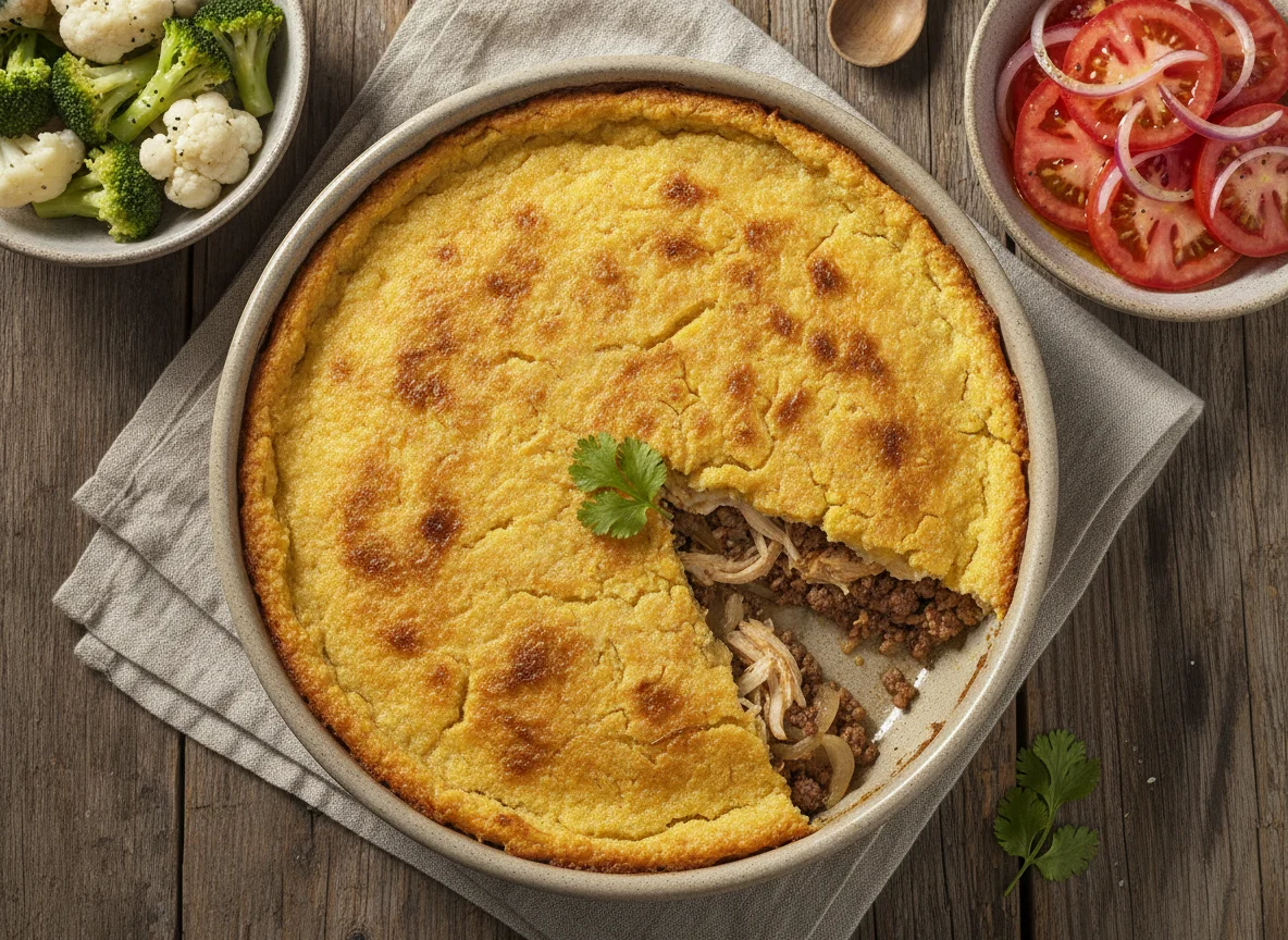 Pastel de choclo con ensalada de tomate y vegetales cocidos photo