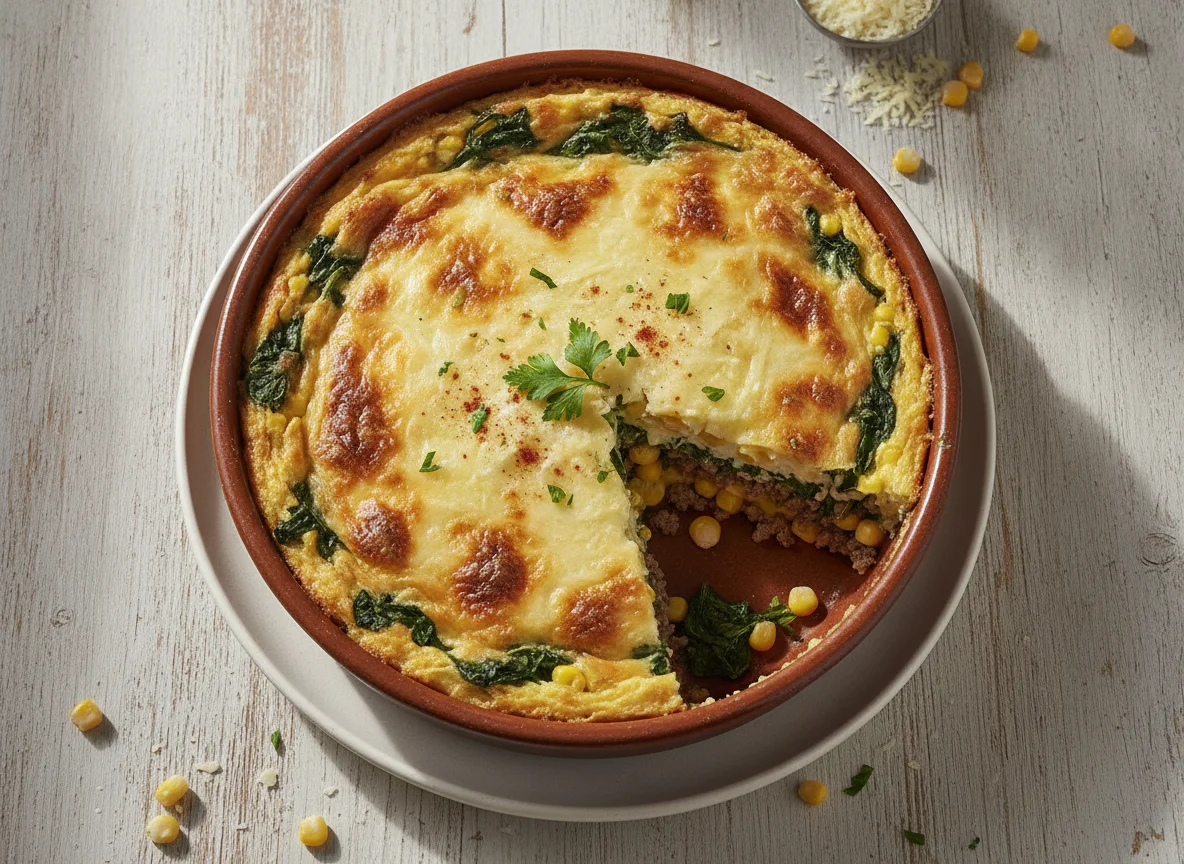 Pastel de espinacas, maíz y carne picada photo