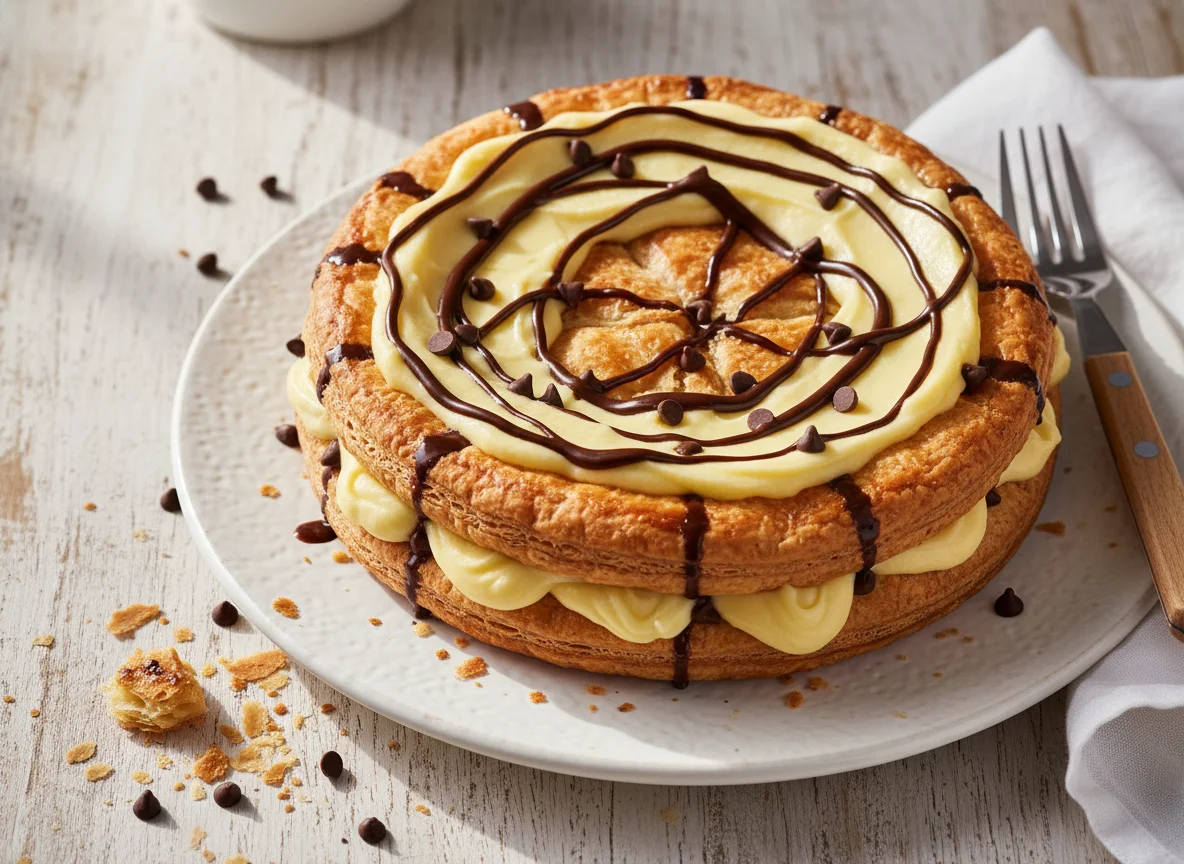 Pastel de hojaldre con crema y chispas de chocolate photo