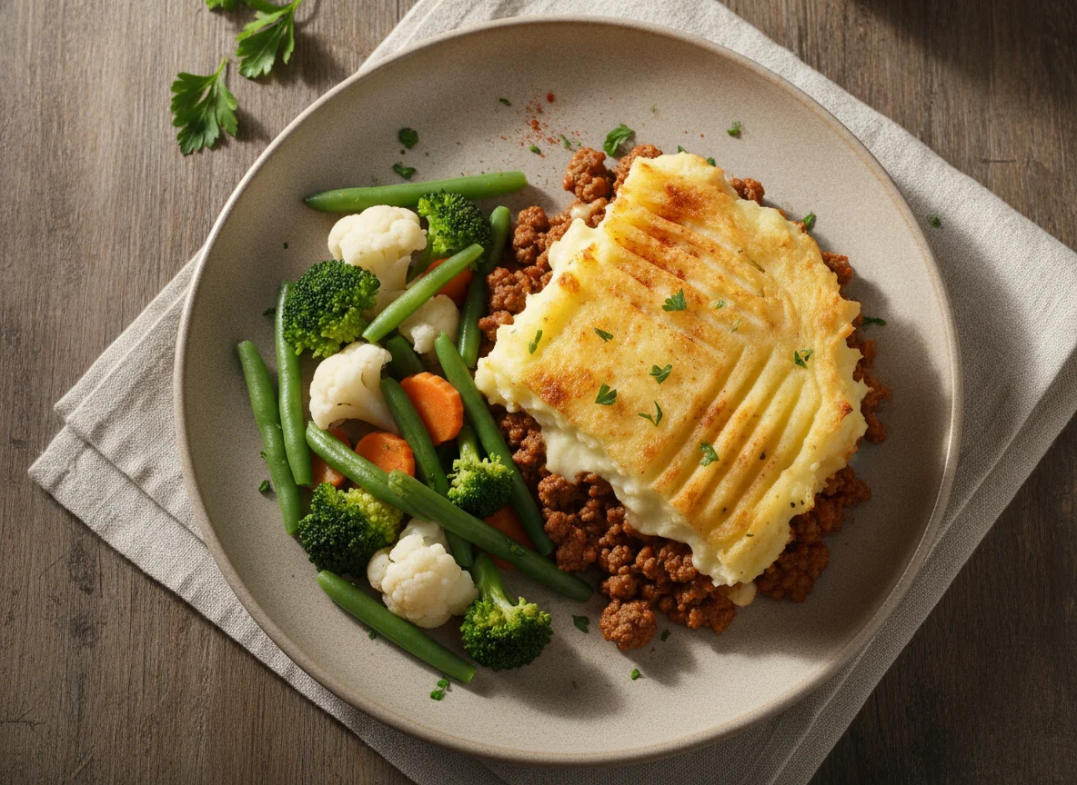 Pastel de papa con carne y vegetales al vapor photo