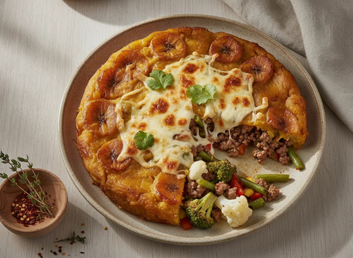 Pastel de plátano maduro con carne y vegetales photo