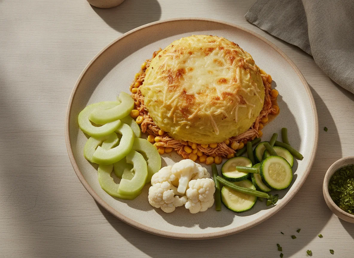 Pastel de pollo con vegetales al vapor photo
