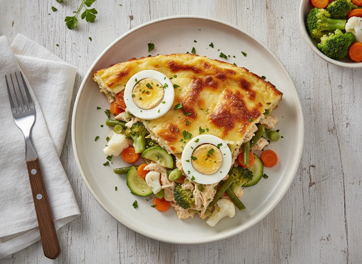 Pastel de pollo con vegetales y huevo duro photo