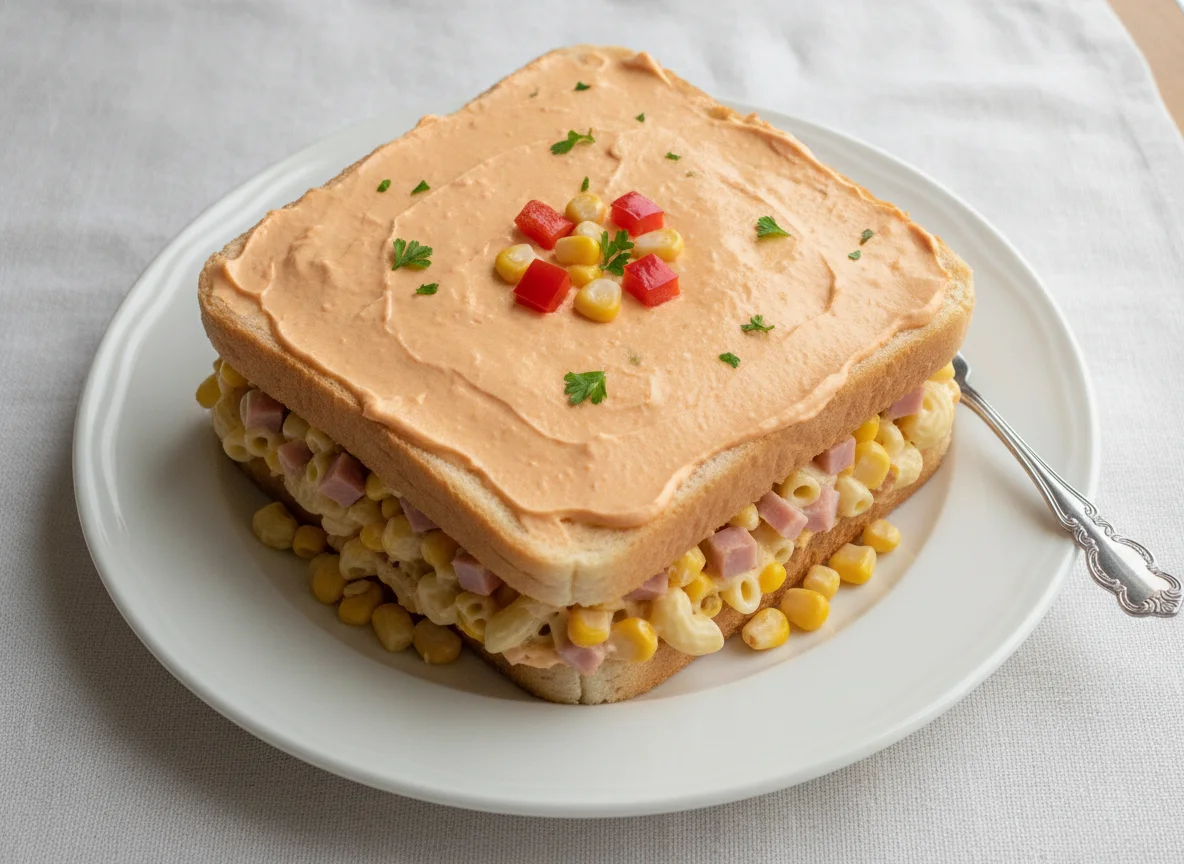 Pastel de sándwich con ensalada de coditos photo