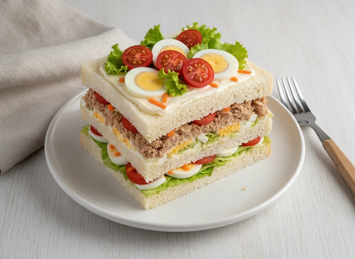Pastel de sándwich vegetal con atún photo