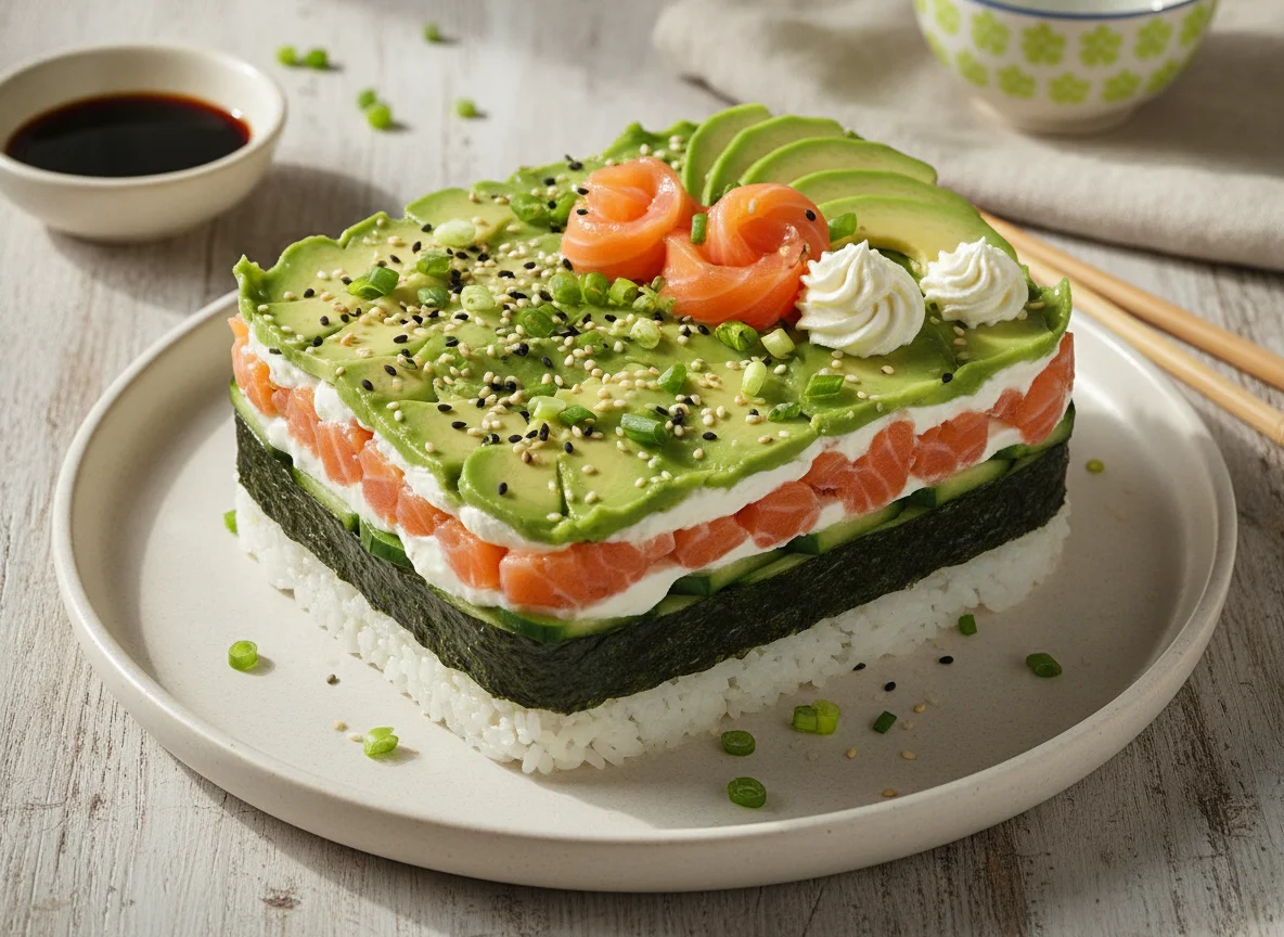 Pastel de sushi con salmón y aguacate photo