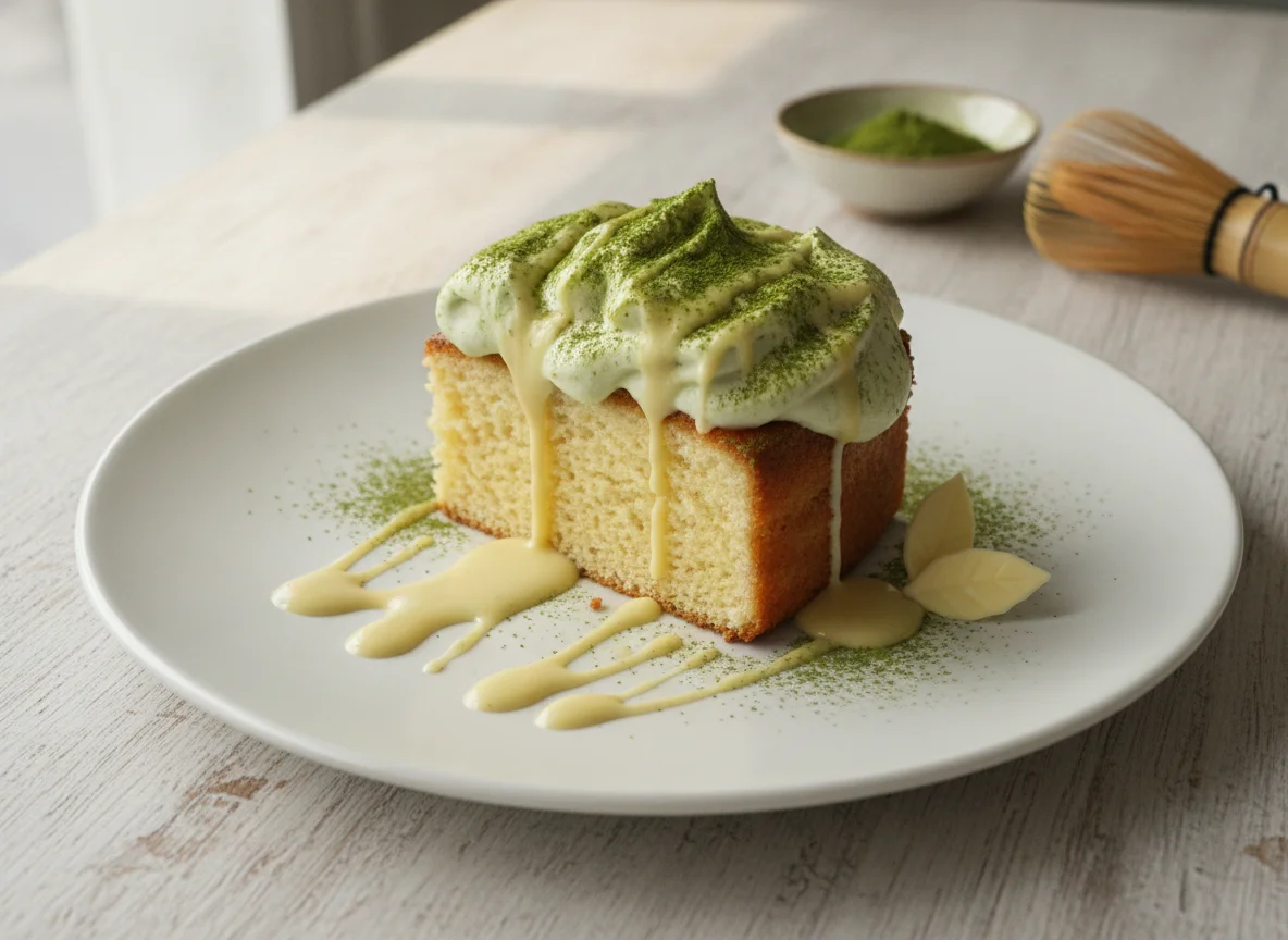 Pastel de té matcha con crema photo