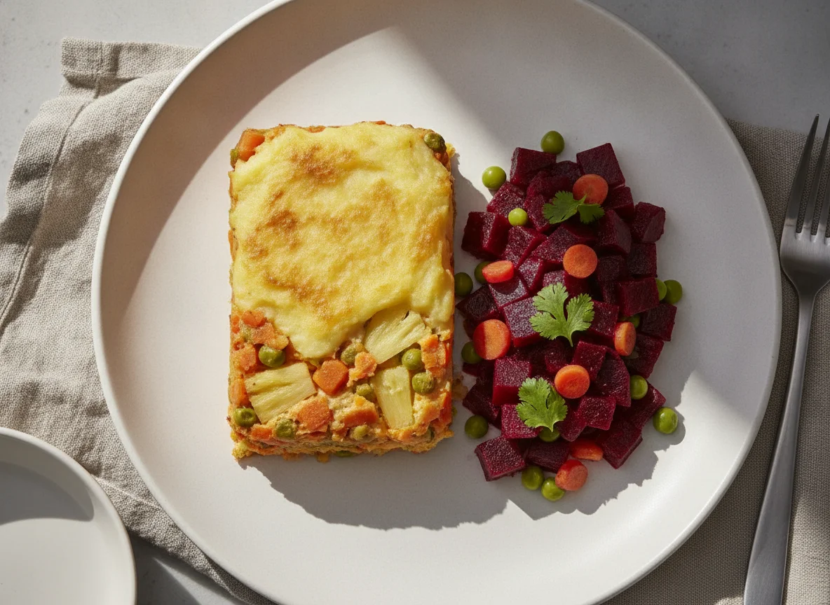 Pastel de verduras con puré de papa y ensalada de betabel photo