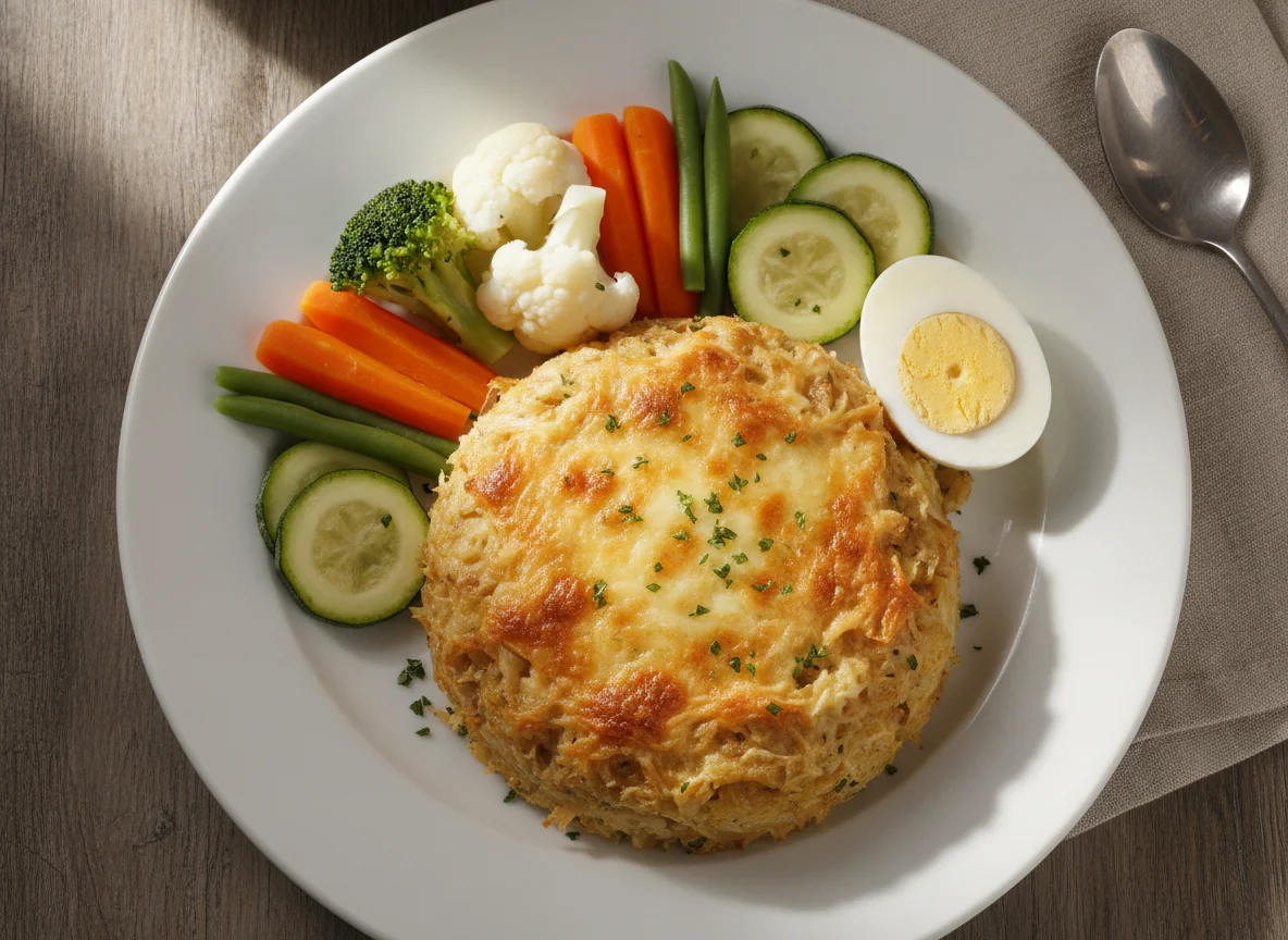 Pastel de yuca con pollo, vegetales al vapor y huevo duro photo