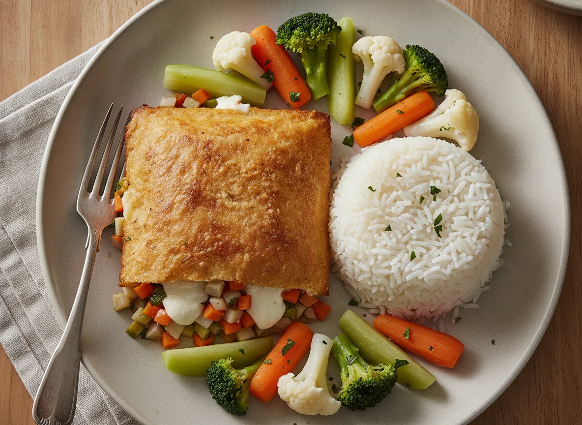 Pastel de yuca con vegetales y arroz photo