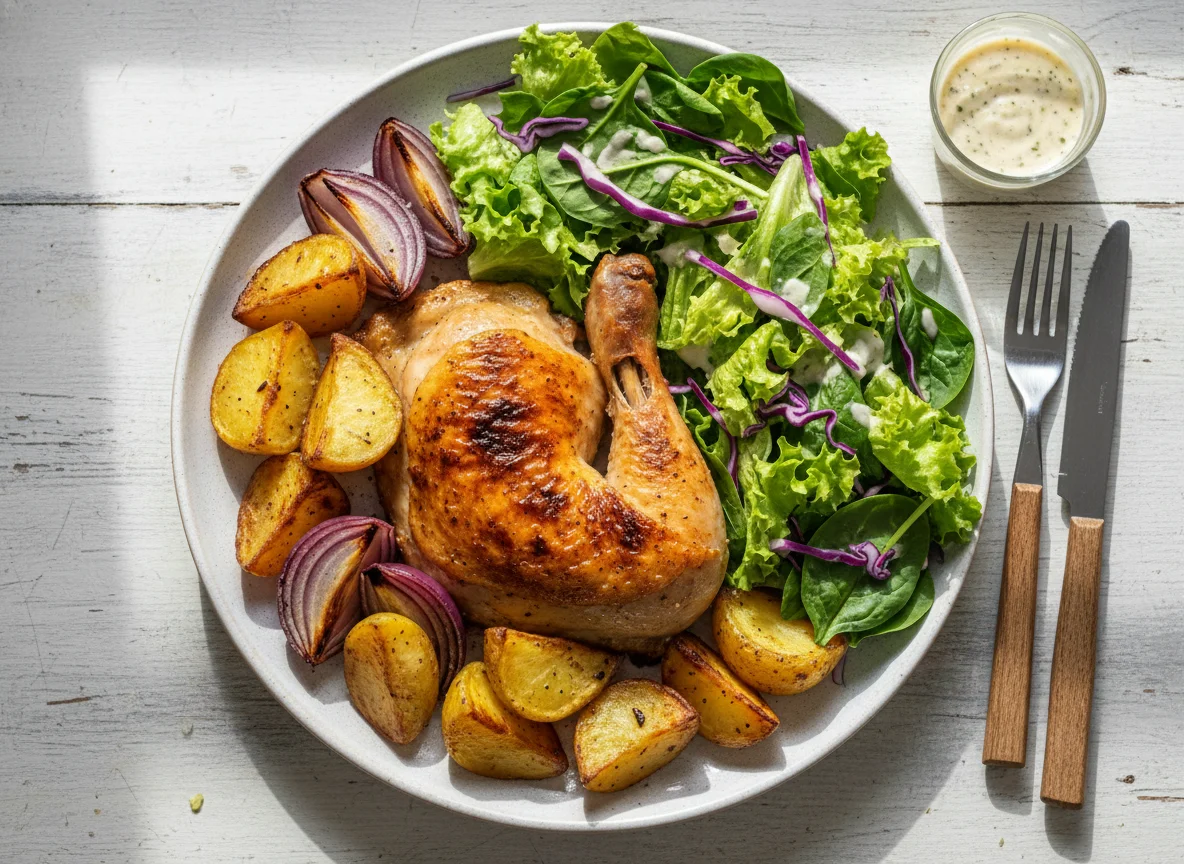 Pata muslo de pollo asado con papas y ensalada photo