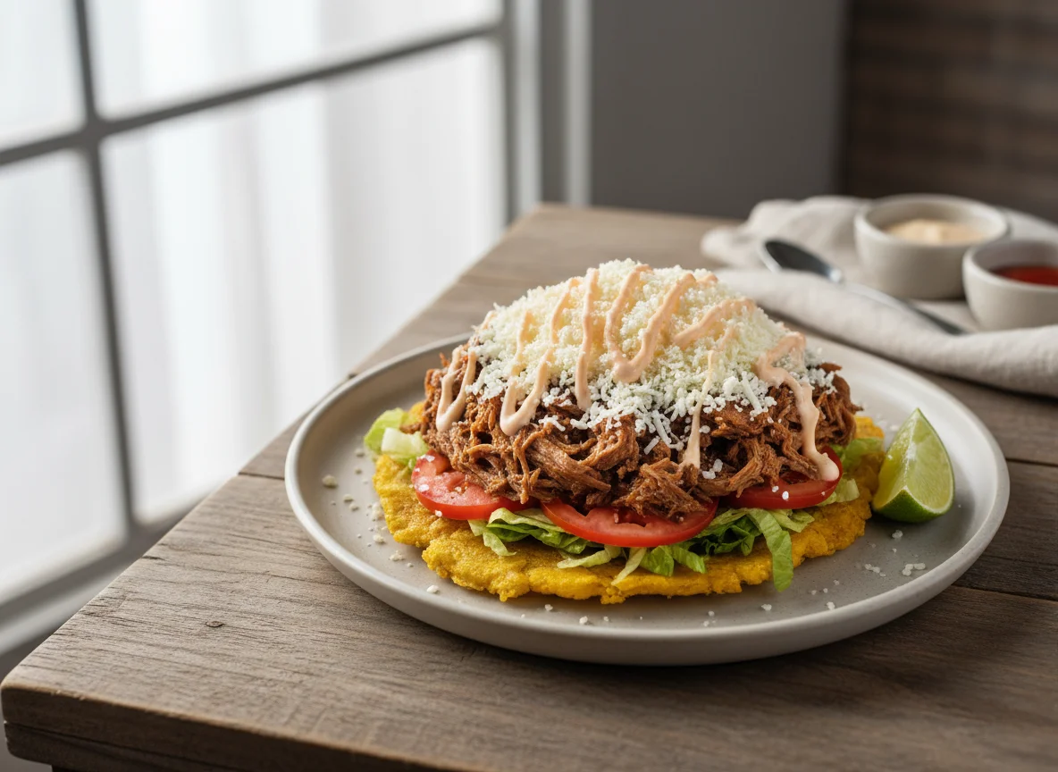 Patacón con carne y queso photo