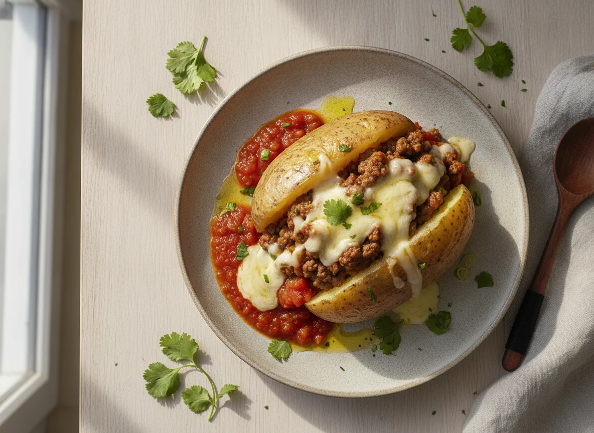 Patata rellena de carne y queso photo