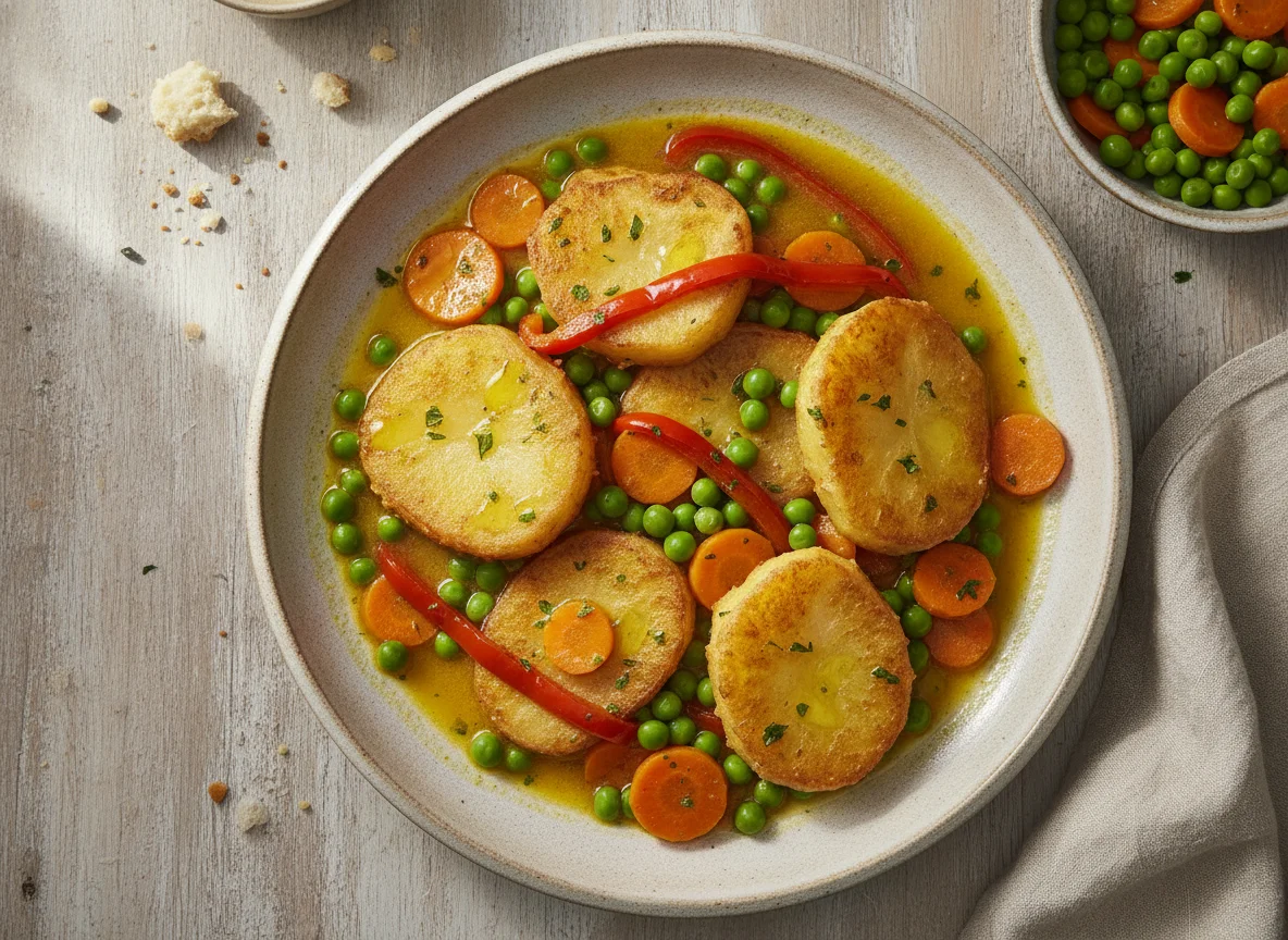 Patatas a la importancia con guisantes y zanahoria photo