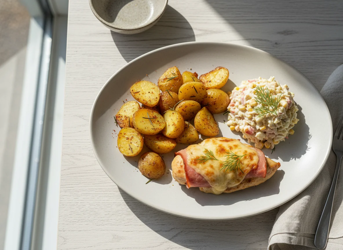 Patatas al horno, pollo con jamón y ensalada de cangrejo photo