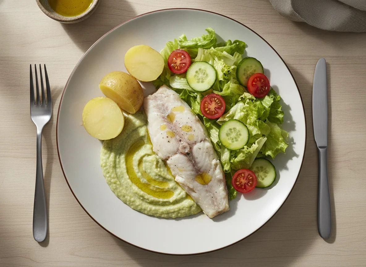 Patatas cocidas con ensalada, pescado y puré photo