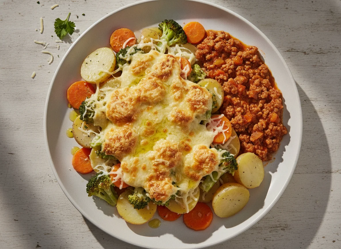 Patatas cocidas con zanahoria y brócoli gratinado photo