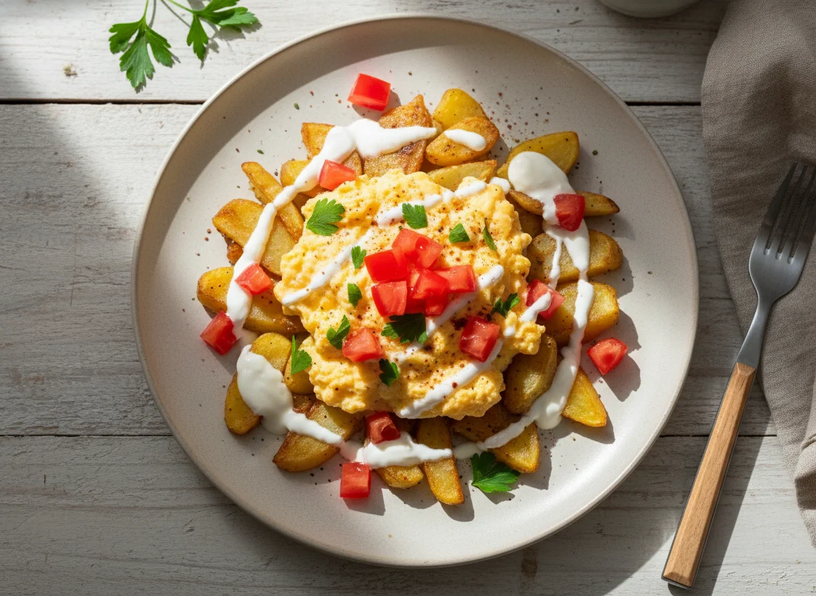 Patatas con huevos revueltos y salsa photo