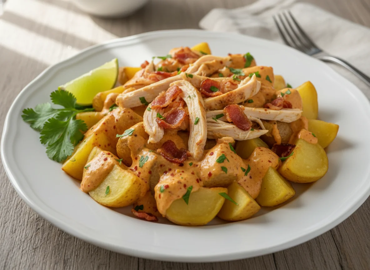 Patatas con salsa y bacon photo