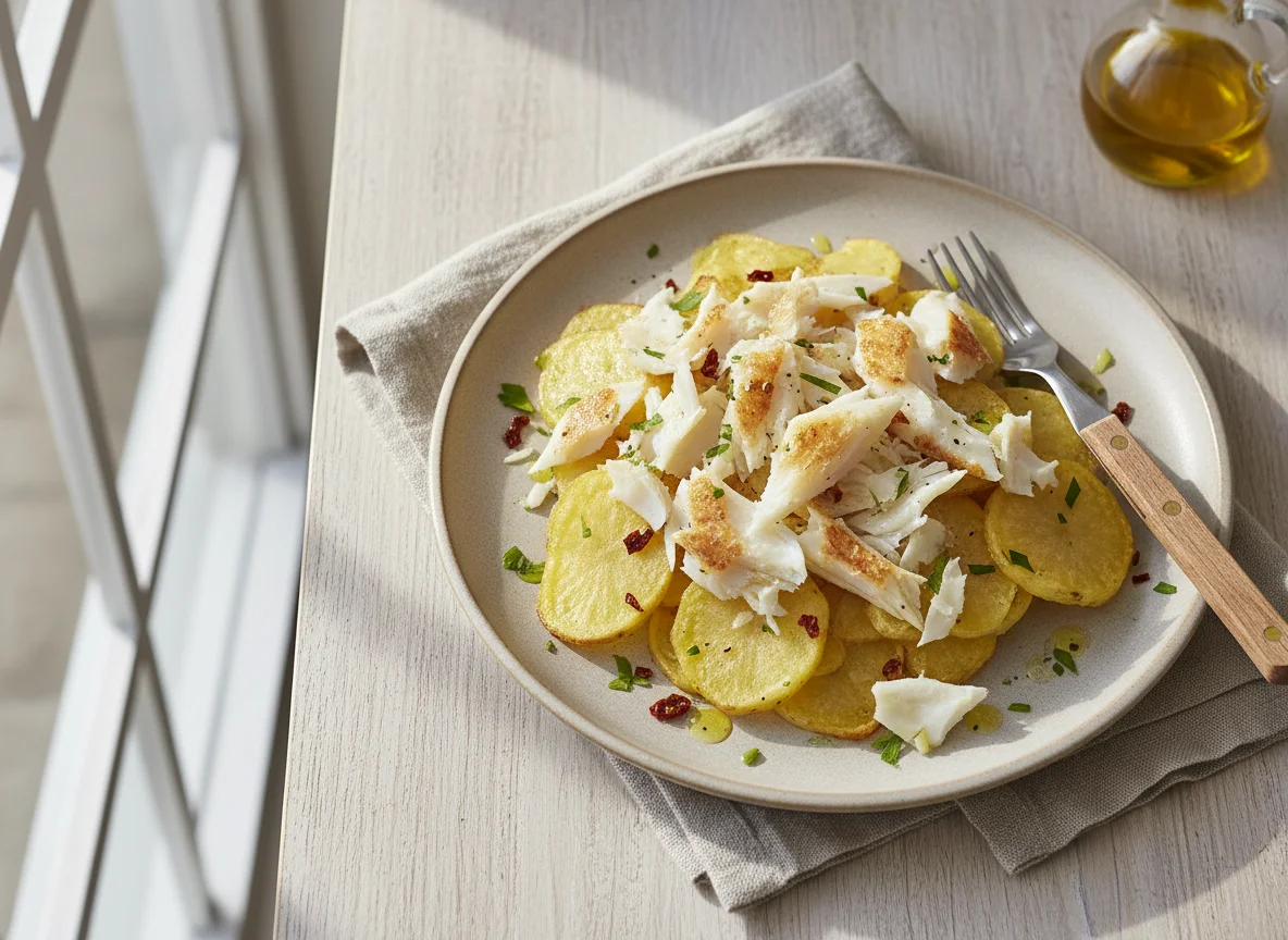 Patatas fritas con bacalao desmigado photo