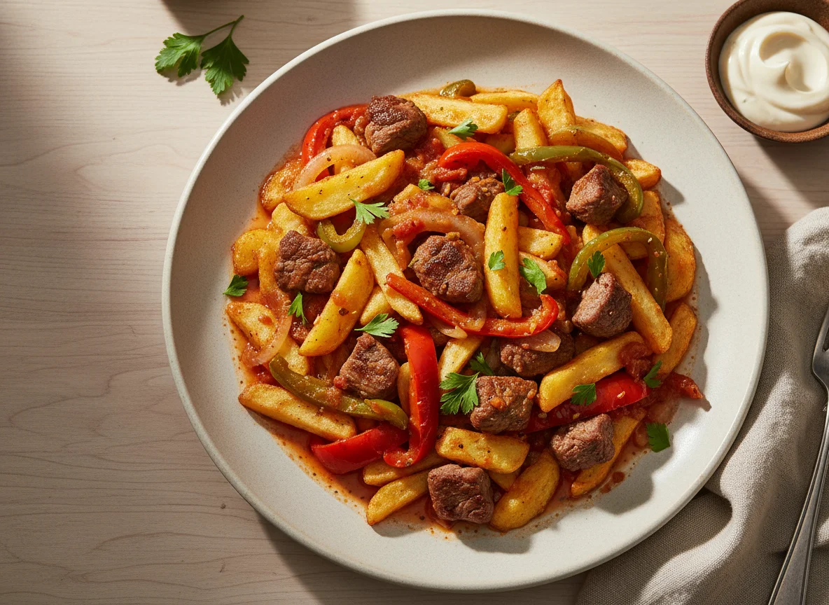 Patatas fritas con carne y pimientos photo