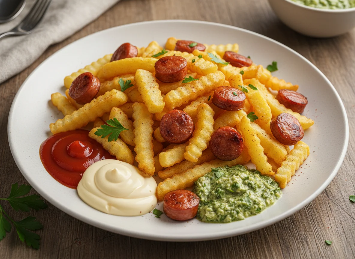 Patatas fritas con salchichas y salsas photo