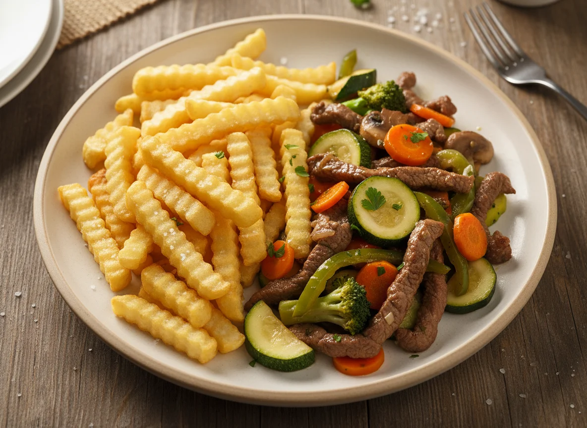 Patatas fritas con ternera y verduras salteadas photo