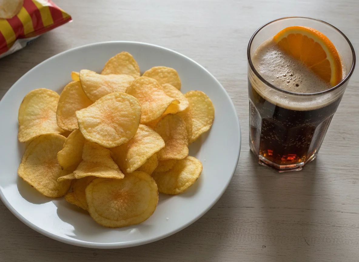 Patatas fritas de bolsa y refresco de cola photo