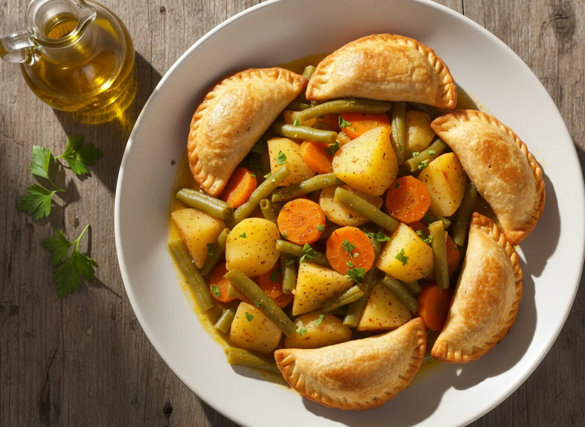 Patatas guisadas con judías verdes y empanadillas photo