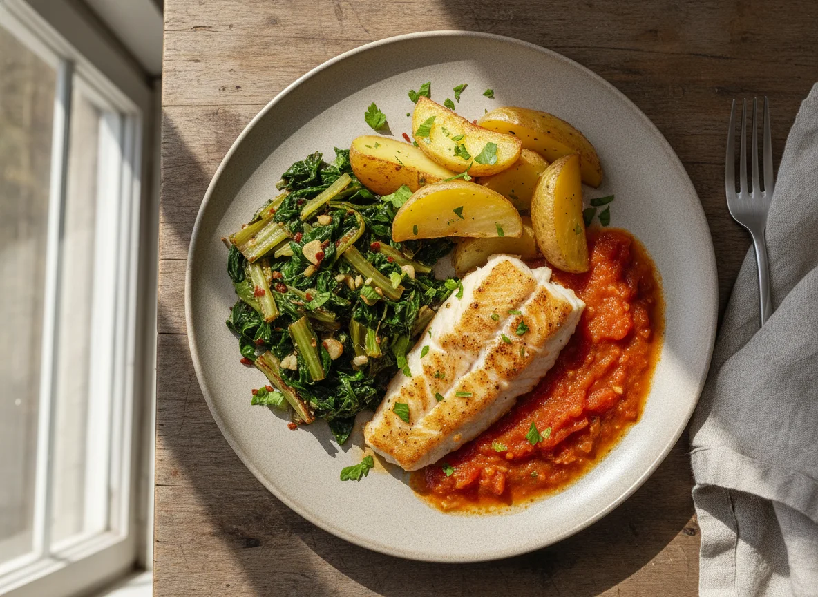 Patatas y acelgas salteadas con pescado y salsa de tomate photo